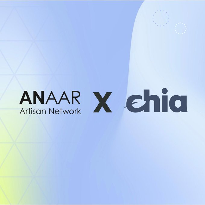 A promotional graphic announcing a partnership between 'ANAAR Artisan Network' and 'Chia' with an 'X' symbol between the two logos on a light blue background.