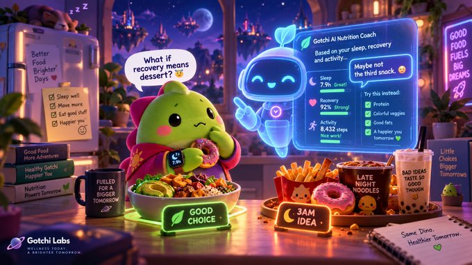 A colorful Gotchi Labs advertisement features a cute green character asking 'What if recovery means dessert?' alongside a nutrition coach display showing sleep, recovery, and activity stats, surrounded by healthy and indulgent food items.