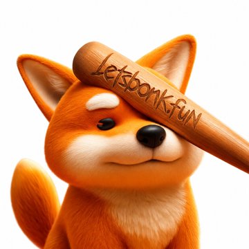 A cute 3D-rendered Shiba Inu dog holds a wooden baseball bat over its shoulder with the text 'LetsbonkFUN' engraved on it.