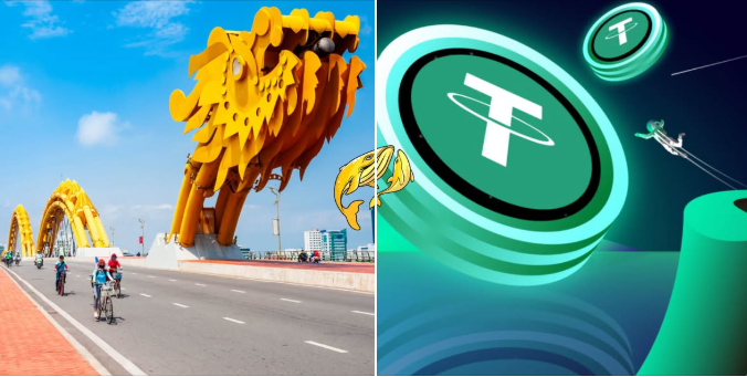 A split image contrasts a photo of the Golden Bridge in Da Nang with an illustration of a green Tether (USDT) coin and a dragon.