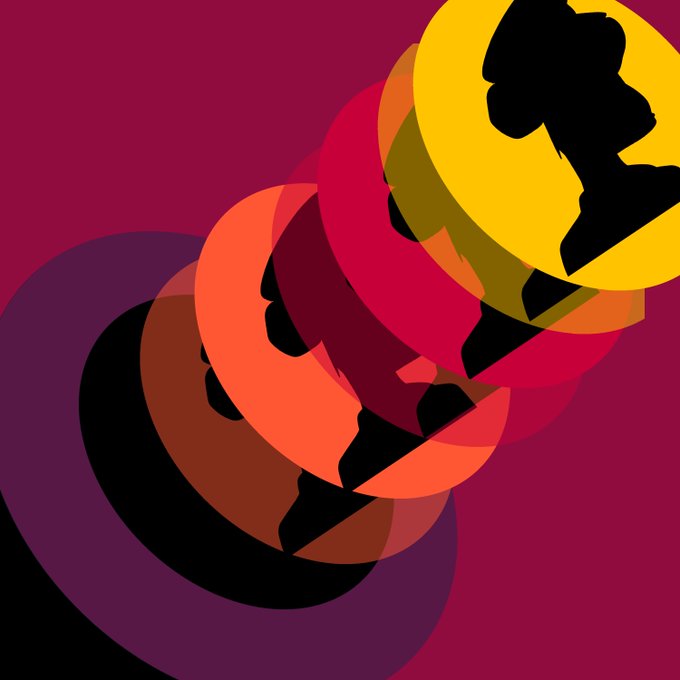An abstract digital artwork with overlapping circular shapes in yellow, orange, red, and purple against a dark red background.