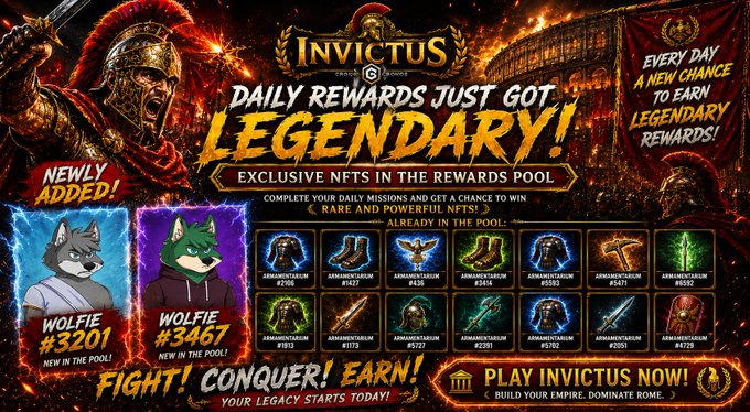 The image features a poster for an online gaming platform called "INVICTUS" that offers daily rewards for players who complete certain tasks or challenges within the game. The poster includes two characters, a wolf and a lion, which are part of the game's storyline. The wolf character is wearing a red outfit with a white beard, while the lion character has a yellow body and a blue mane.

The poster also highlights that the daily rewards have been increased to include new NFTs (Non-Fungible Tokens) in the rewards pool. These NFTs are represented by two distinct images: one of a wolf (#3201) and another of a lion (#3467). The post mentions that these NFTs were added today, and they can be earned by completing specific tasks or challenges within the game.