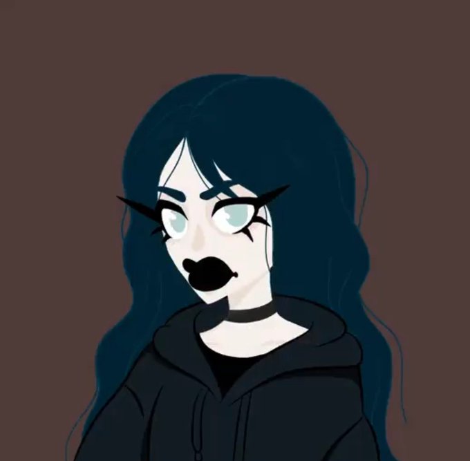 A digital illustration of a pale-skinned character with long dark blue hair, dark lipstick, and white eyes wearing a black hoodie against a brown background.