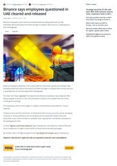The image shows a Washington Post article dated July 4 about a finance minister being questioned in a UAE, featuring a photo of the UAE flag and currency, alongside a Chinese post questioning whether detained Binance employees in the UAE will truly escape unscathed from their arrest despite the company's attempts to downplay the situation.