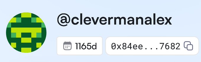 A social media profile banner showing the username '@clevermanalex' with a green pixelated avatar, displaying 1165 days and a partial wallet address (0x84ee...7682).