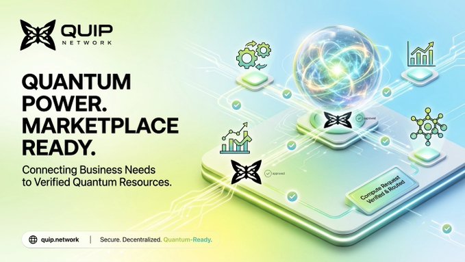 A promotional banner for QUIP Network advertising 'QUANTUM POWER. MARKETPLACE READY' with the tagline 'Connecting Business Needs to Verified Quantum Resources.'