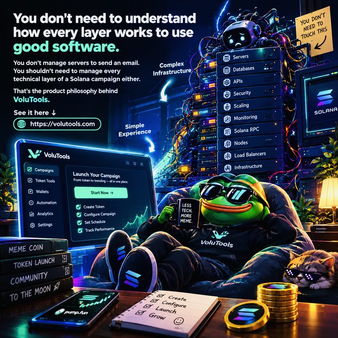 An advertisement for VoluTools reading "You don't need to understand how every layer works to use good software," featuring a Pepe the Frog character in sunglasses alongside a laptop dashboard showing campaign tools.