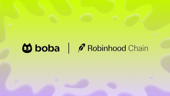 A green and yellow gradient graphic displaying the 'boba' logo (a black cat) next to the 'Robinhood Chain' logo with a feather icon.