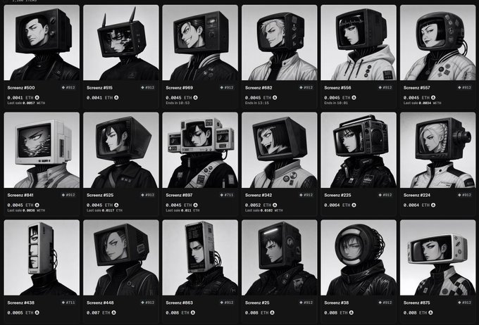 A grid of 18 black-and-white anime-style portraits featuring characters with various heads including TV screens, old monitors, and helmets, labeled as 'Screneo' scenes with ETH metrics.
