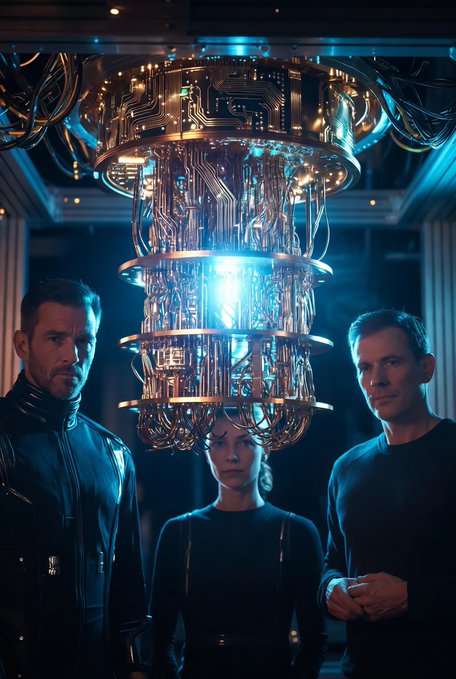The image features three people standing next to each other, with a large machine or chandelier hanging above them. The group consists of two men and one woman who appear to be dressed in futuristic clothing. They are all looking at something off-camera, possibly discussing their project or admiring the impressive machinery they have built together.