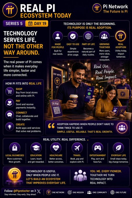 The image is a promotional infographic for Pi Network titled "Real Pi Ecosystem Today" (Series 5, Day 19), emphasizing that "Technology Serves Life, Not the Other Way Around." It highlights Pi's real-world adoption through pillars like Shop, Pay, Connect, and Create, alongside sectors such as Local Businesses, Education, Healthcare, Travel, and Entertainment, featuring people using Pi Pay at a coffee shop. The graphic reinforces the post's message about building a real, utility-driven ecosystem where everyday use fuels genuine growth.