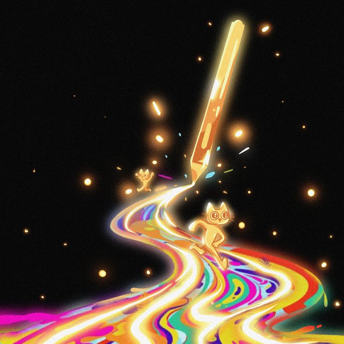 A glowing orange pencil magically draws a vibrant rainbow path through a starry cosmic expanse, with two playful cartoon cats—one running along the swirling rainbow trail and another peeking from the swirls—perfectly illustrating the message that we don't find our road, but draw it ourselves, with $CETS symbolizing the creative power to forge one's own destiny.
