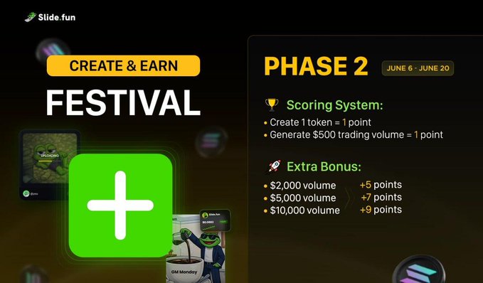 The image features a slide from a presentation with a green square containing white text that reads "Slide.fun Create & Earn Festival Phase 2". The slide also includes an image of a green plus sign, which could be a logo or a symbol related to the festival. In addition, there are several images and text elements on the slide, such as a list of items for the festival attendees, a description of the festival's prizes, and details about how to join the event. The overall layout suggests that this is an advertisement promoting the Slide.fun Festival, with its focus on creating and earning points through various activities or challenges.