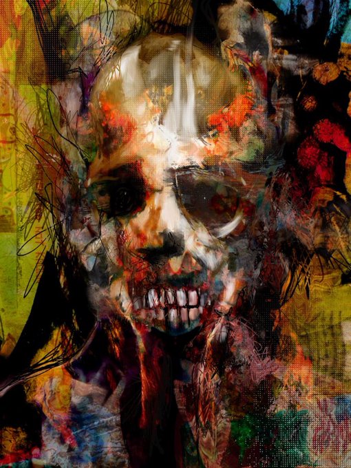 A chaotic, expressionistic painted portrait of a skull-like face with hollow dark eyes and exposed teeth, rendered in a mix of reds, yellows, and blacks.