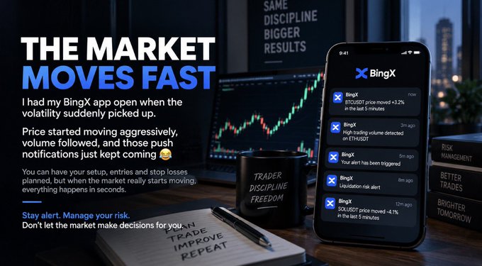 A promotional graphic for BingX crypto trading app with text 'THE MARKET MOVES FAST', showing a phone displaying ETHUSDT alerts and a laptop with a trading chart.