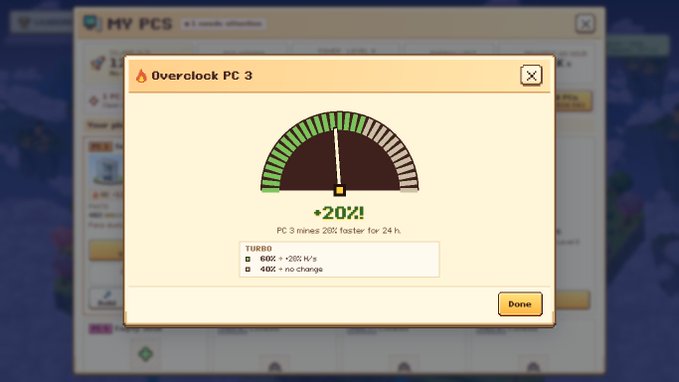 A screenshot from the game "My PC Suite" (My Virtual Gaming Cafe Simulator) showing a pop-up window titled "Overclock PC 3," displaying a +20% speed boost for 24 hours with a gauge meter and options for TURBO settings of +20% or +0%.