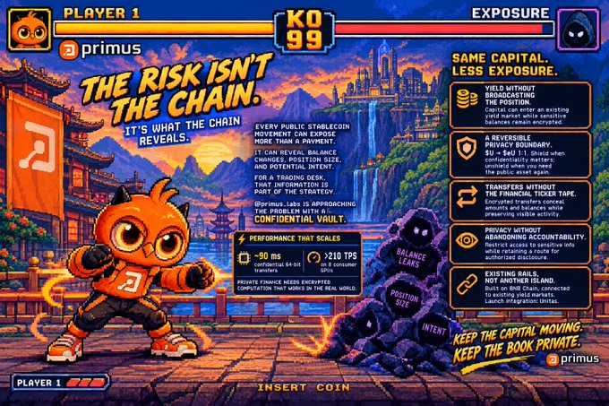 A retro arcade-style fighting game screen titled "THE RISK ISN'T THE CHAIN" featuring a character labeled "primus" battling "EXPOSURE," with text highlighting the risks of public stablecoin movements.