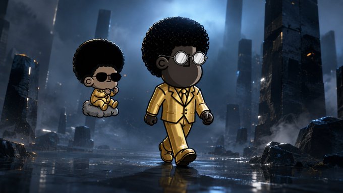 Two cartoon-style characters in gold suits with afro hairstyles and sunglasses appear in a dark, ruined cityscape; one walks forward while the other sits on a cloud.