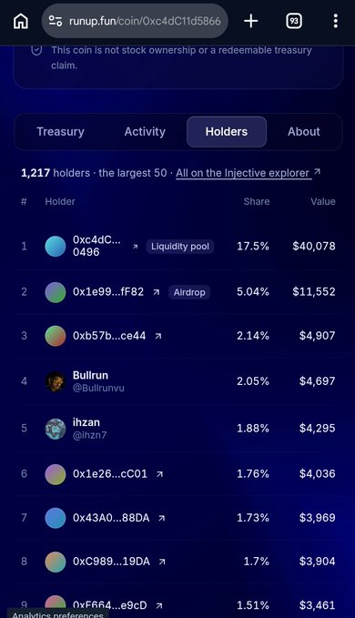 A runup.fun token holders page showing 1,217 holders, with the top holder being a liquidity pool at 17.5% ($40,078), followed by an Airdrop wallet and user "BullRun (@bullrunvu)" at 2.05% ($4,697).