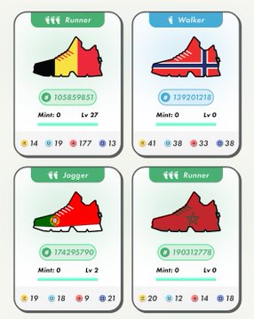 A screenshot showing four sneaker profile cards in a mobile game, each displaying shoe stats and scores: a Runner (105859851), Walker (139201218), Jogger (174295790), and Runner (190312770).