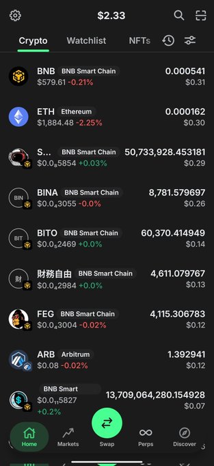 A cryptocurrency portfolio screen displays a balance of $2.33 alongside various tokens including BNB ($0.31), ETH ($0.30), S..., BINA ($0.26), BITO ($0.14), FEG ($0.12), and ARB ($0.12), with most assets showing slight declines. The image reflects the post's tone of hopeful resilience, capturing a modest crypto holdings screen where small token amounts symbolize both current struggles and optimism for future growth.