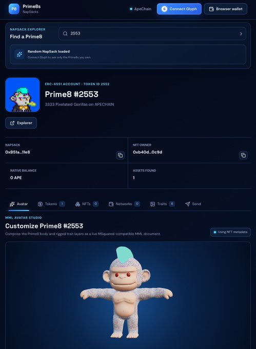 A web interface for Prime8s/NapSack showing Prime8 #2553, a pixelated gorilla NFT on APECHAIN with ERC-6551 account and token ID 2552, featuring an MML Avatar Studio for customization showing a 3D monkey character.