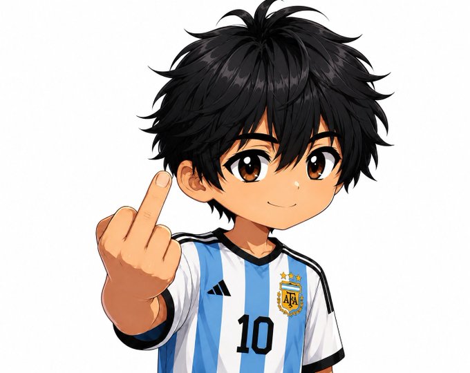An anime-style illustration of a young boy with black hair wearing an Argentina (AFA) national team jersey with number 10, pointing his finger upward with a smile.
