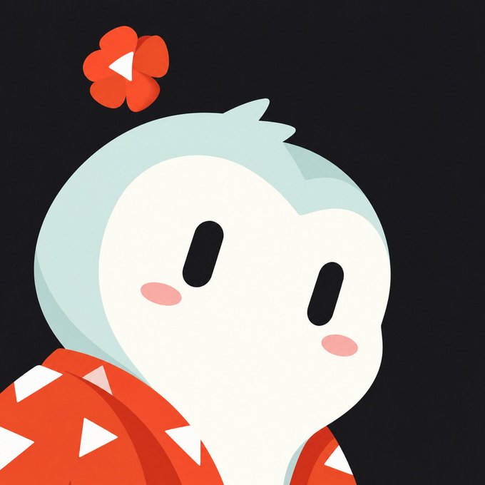 A cartoon ghost-like character with light blue hair, pink cheeks, and a small red flower on its head wears a red kimono with white triangle patterns against a black background.