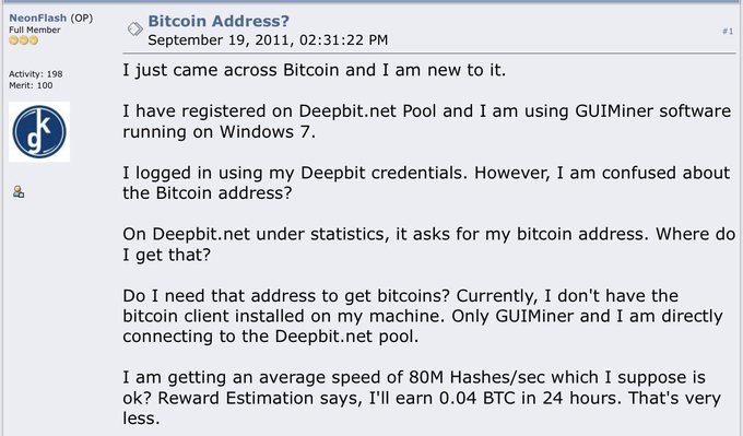 A forum post titled "Bitcoin Address?" from user NeonFlash dated September 19, 2011, where a new miner asks how to obtain a Bitcoin address while using GUIMiner and the Deepbit.net pool, noting an average speed of 80M Hashes/sec and an estimated earning of 0.04 BTC in 24 hours.