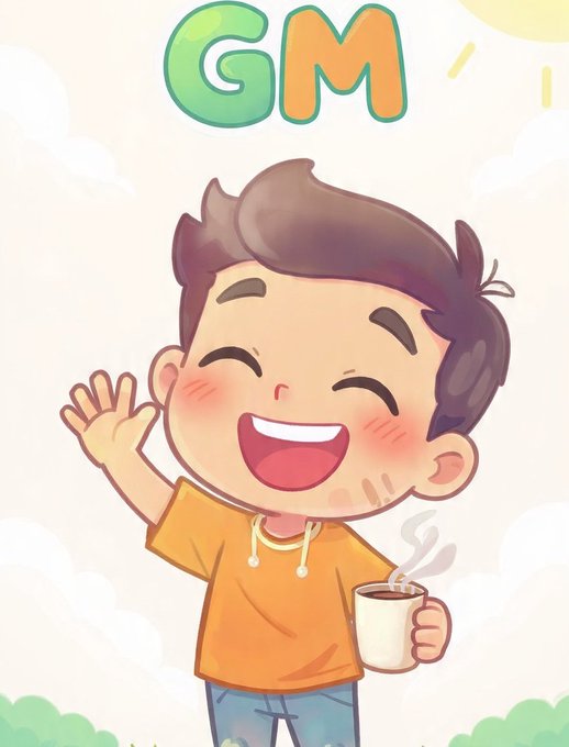 A cartoon illustration of a smiling boy in an orange shirt waving while holding a steaming coffee cup, with 'GM' (Good Morning) text in bubble letters at the top.
