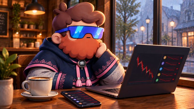 A 3D-rendered cartoon character with a beard and blue reflective visor glasses sitting at a cafe table with a laptop showing a downward-trending red chart, accompanied by a coffee cup and smartphone.