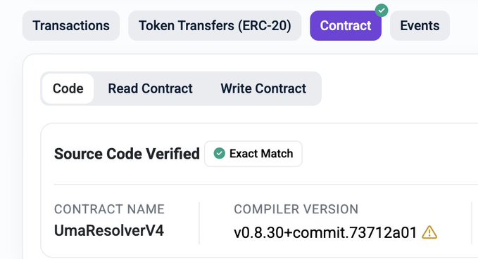 The image depicts a software developer's screen displaying information about source code verification tools. The main focus of the screen is an error page that shows the name "@Polymarket" below a purple label with a green checkmark, indicating successful code review and a successful verification process for the code. The title text at the top reads "Source Code Verified: EXACT MATCH," suggesting that the developer has successfully achieved the desired level of code verifiability using their tool.
