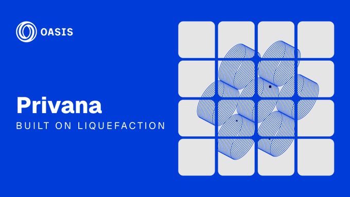 A blue promotional graphic featuring the OASIS logo, "Privana" branding with the tagline "BUILT ON LIQUEFACTION," alongside an artistic design of a flower-like motif rendered in line patterns across a grid of white squares, visually reinforcing the announcement of Privana Finance as a privacy-focused liquefaction implementation on Sapphire.