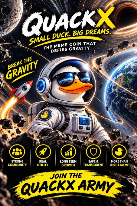 A promotional poster for 'QUACKX' features a duck in an astronaut suit with the tagline 'SMALL DUCK. BIG DREAMS. THE MEME COIN THAT DEFIES GRAVITY' and 'JOIN THE QUACKX ARMY' at the bottom, highlighting community, utility, growth, and transparency.