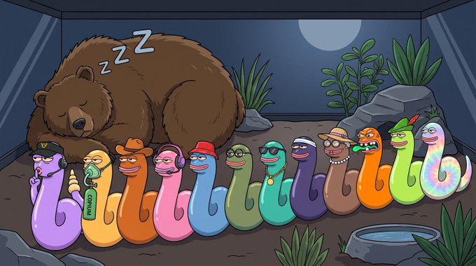 A cartoon illustration of a sleeping brown bear with "Zzz" above it, surrounded by a row of colorful worm-like characters with human faces and various accessories.