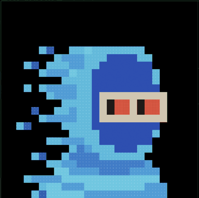 A pixel art illustration of a blue ninja character with red eyes that appears to be teleporting or moving rapidly against a black background.