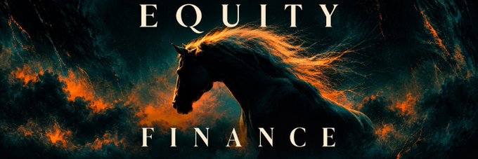 A dramatic banner image featuring a powerful dark horse with a fiery orange mane set against a stormy, cloud-filled backdrop, with the bold white text "EQUITY FINANCE" displayed prominently above and below the horse. The imagery's untamed energy and grandeur visually reinforces the post's message of $EQUITY Finance introducing a bold, innovative "equity mining" protocol on Robinhood Chain, where users can stake USDG or ETH to earn daily bluechip tokenized stock rewards—symbolizing the strength and opportunity of bridging traditional finance with onchain yield.