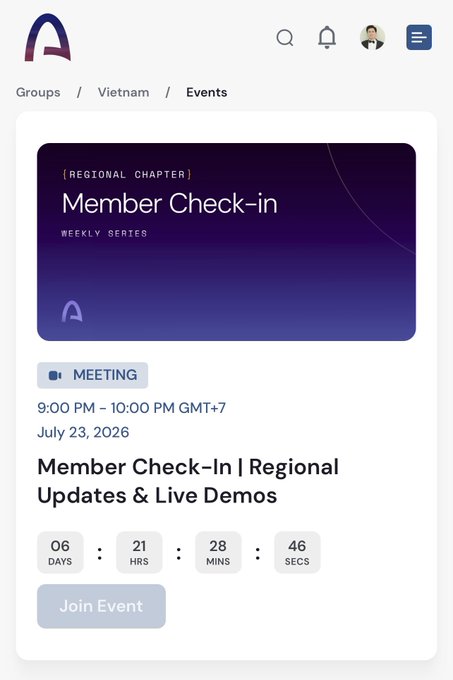 A mobile app screen showing an event page titled "Member Check-in | Regional Updates & Live Demos," a weekly series meeting on July 23, 2026, at 9:00 PM–10:00 PM GMT+7, with a countdown timer of 6 days, 21 hours, 28 mins, 46 secs.
