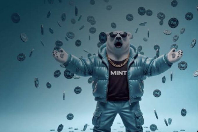A 3D animated bear character wearing sunglasses, a teal puffer jacket, a gold chain, and a black t-shirt with the word 'MINT', standing with arms outstretched amid floating coins and banknotes.