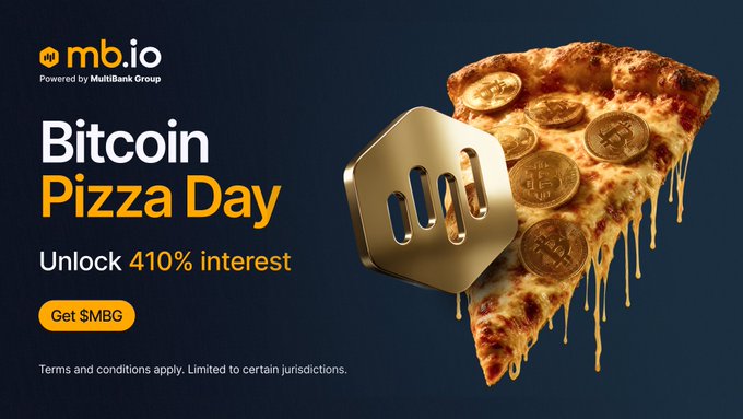 The image features a pizza slice with melted cheese, coins, and possibly a pizza peel resting upon its surface. The image also includes text that suggests a promotion for Bitcoin Pizza Day, with a code or a lock symbol and the words "MBG" in the background, indicating this is an advertisement or campaign related to theBitcoin coin. A warning message is displayed regarding terms and conditions associated with the Bitcoin Mining program.