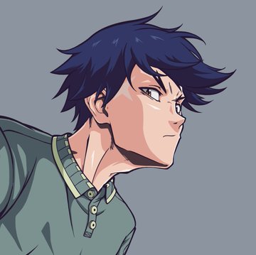 Anime-style illustration of a dark blue-haired male character wearing a green polo shirt, viewed in profile against a gray background.