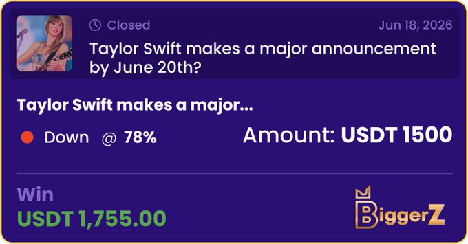 The image shows a purple sign that says "Taylor Swift makes a major announcement by June 20th?" along with an image of Taylor Swift. The text also mentions that she made a major announcement, which could be related to her music or other news. The sign is posted on a website called Biggerztrends and it has been shared by someone named @biggerzt trends.