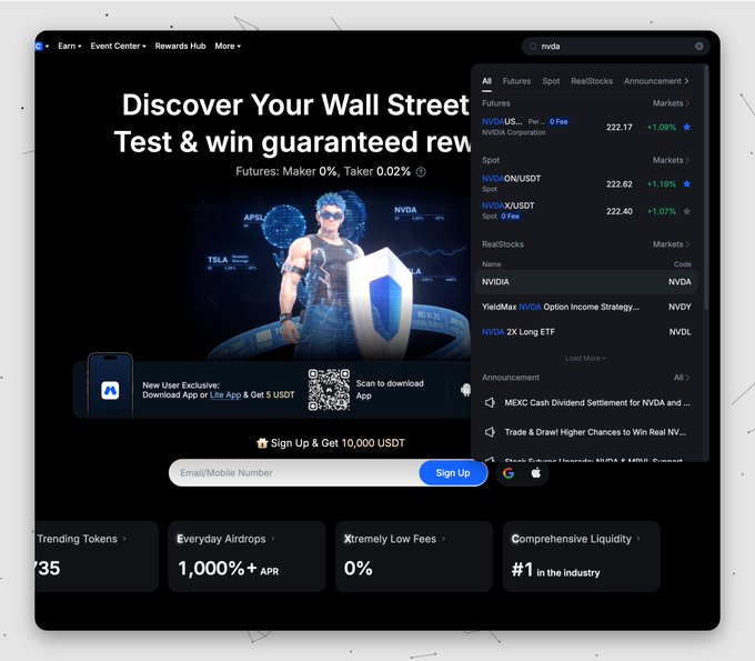 The homepage of a cryptocurrency exchange featuring a banner that reads 'Discover Your Wall Street Test & win guaranteed rewards', with a dropdown search menu showing prices and assets like NVIDIA and NVDA.