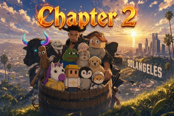 A 'Chapter 2' themed group illustration featuring various characters including a troll, unicorn, frog, and cartoon figures in a barrel with the Los Angeles skyline in the background and the text 'SOLANGELES'.
