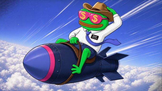The image depicts the Pepe the Frog meme character dressed as a cowboy with a hat, wearing "money eyes" sunglasses featuring dollar signs, and a shirt labeled "PFOF," riding a rocket through the clouds. This visually reinforces the post's theme of Robinhood's PFOF (Payment for Order Flow) "ripping" or taking off, symbolizing rapid gains while promoting the tool's use for private, efficient on-chain swaps and ETH privacy pools.