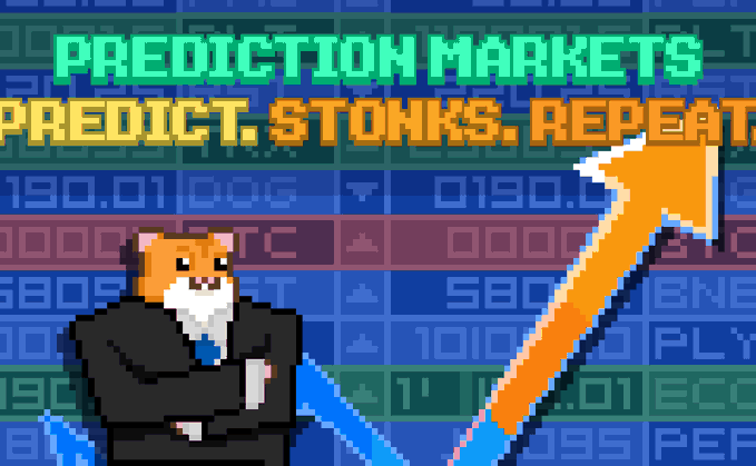 A pixel art graphic titled 'PREDICTION MARKETS PREDICT. STONKS. REPEAT.' showing a suited dog-like character in front of a stock chart with a large orange upward arrow.