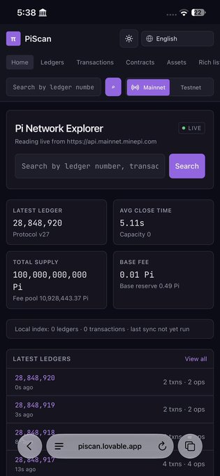 A mobile screenshot of the PiScan app (piscan.lovable.app) displays the Pi Network Explorer, showing the latest ledger at 28,848,920, a total supply of 100,000,000,000 Pi, and a base fee of 0.01 Pi.