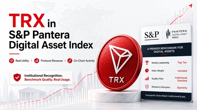 A promotional graphic announces TRX's inclusion in the S&P Pantera Digital Asset Index, featuring a large red TRON coin alongside the index's logo and key details like "Institutional Recognition," "Real Utility," "Protocol Revenue," and "On-Chain Activity," visually emphasizing the milestone of TRX joining this benchmark for digital assets.