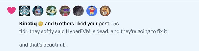 An Instagram notification showing Kinetiq and 6 others liked a post, with text reading 'tldr: they softly said HyperEVM is dead, and they're going to fix it and that's beautiful...'