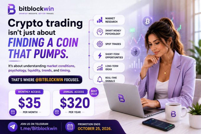 A promotional advertisement for 'Bitblockwin' promoting crypto trading services like market research and spot trades, featuring a woman working on a laptop with pricing of $35 monthly and $320 annually.